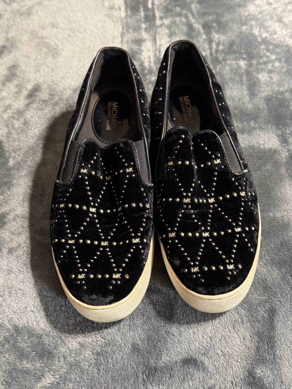 Womens Michael Kors Black Velvet Slip-On Sneakers with Studded Pattern